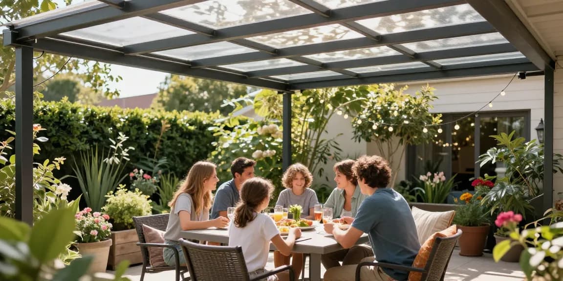 Terrassenüberdachung mit gemütlicher Familie im Garten, sonnige Atmosphäre.