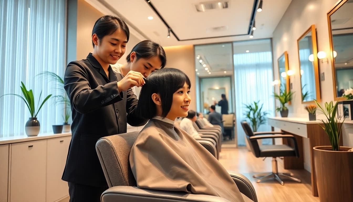 カット 美容室 scene with a hairstylist giving a haircut to a happy client in a modern salon.