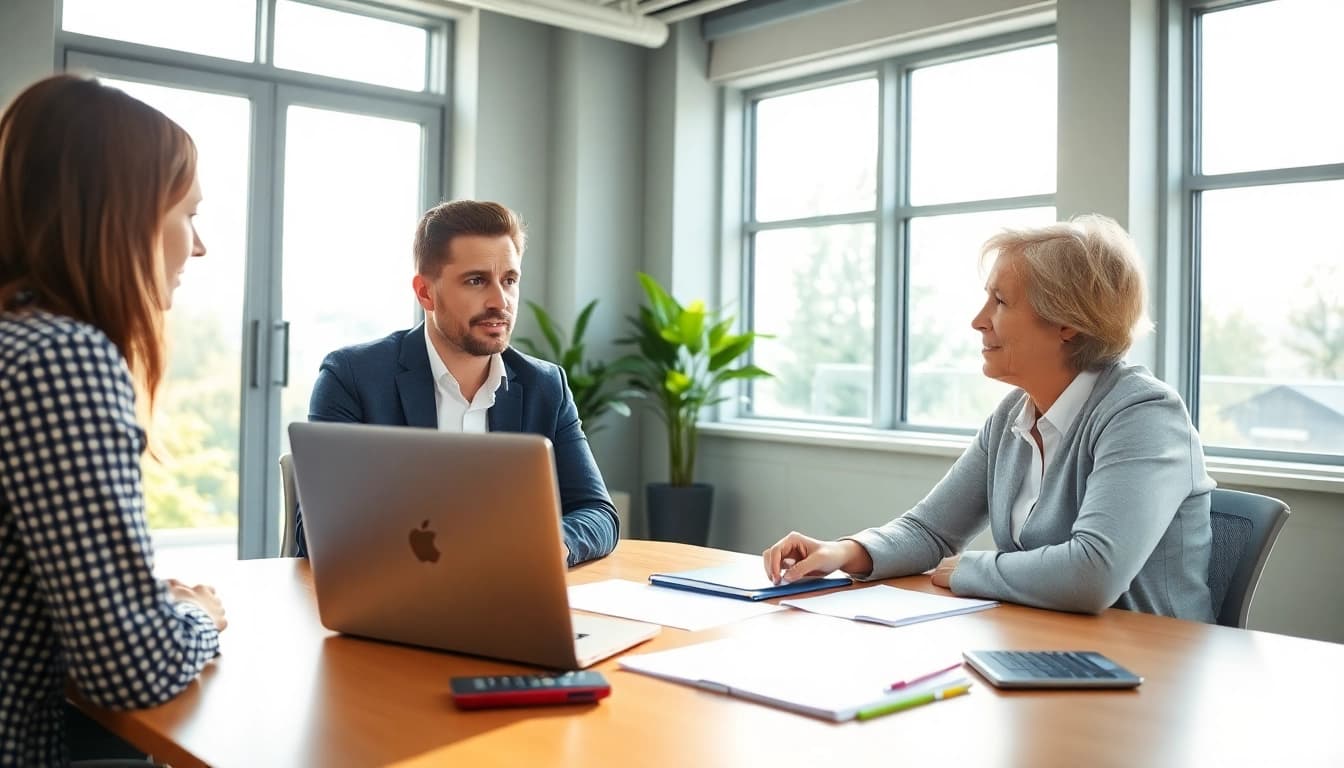 Beratung zu Schulden Finanzamt Ratenzahlung durch Finanzexperten in modernem Büro.