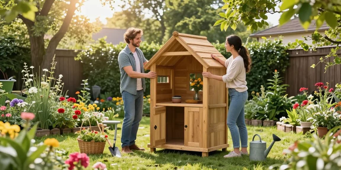 Schönes Gartenhaus im Aufbau mit fröhlichem Paar und Gartenwerkzeugen umgeben von bunten Blumen.