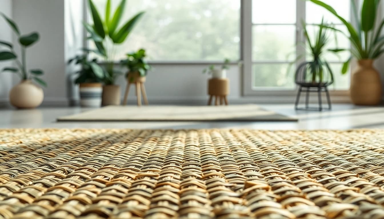 Nagermatte in einem modernen Wohnraum, die natürliche Weave und grüne Farbe zeigt.
