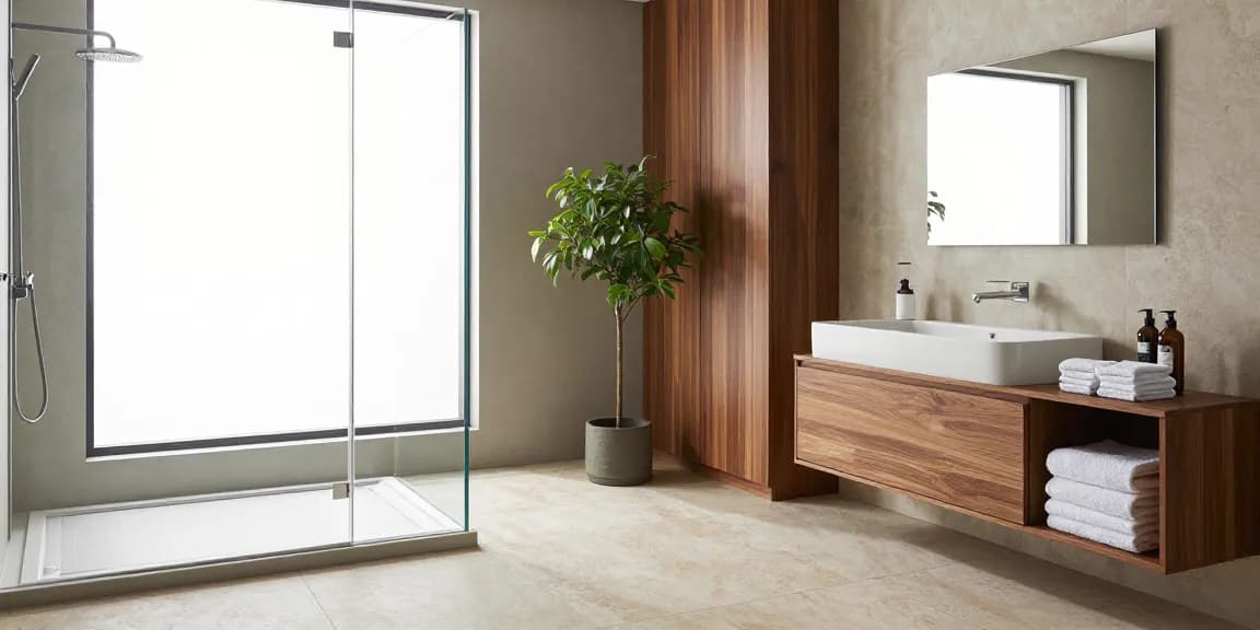 Fugenloses Bad im modernen Design mit eleganten Materialien und natürlichem Licht