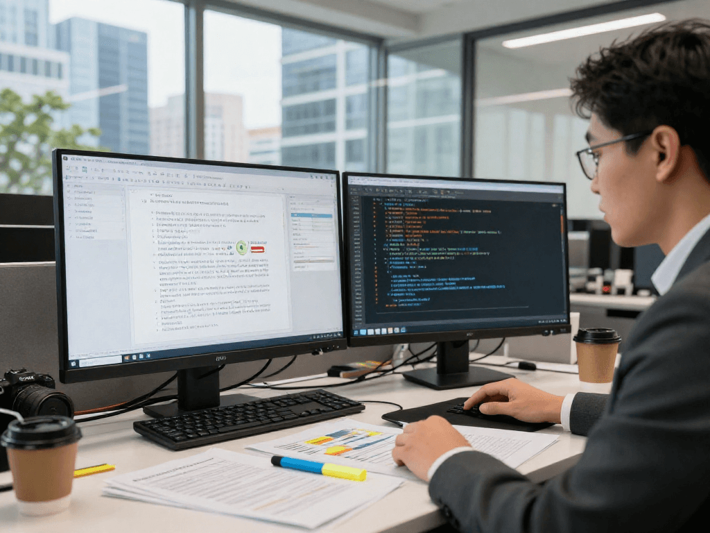 Document fraud detection in action, showcasing a compliance officer analyzing digital documents in a modern office setup.