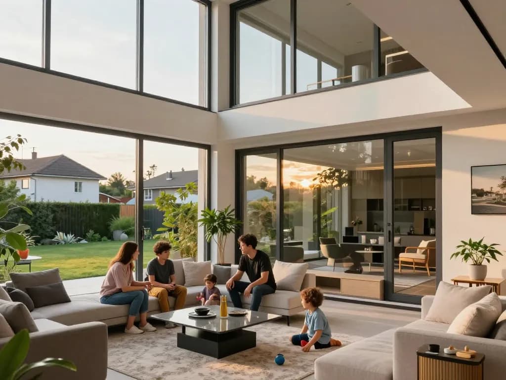 Familie, die natürliches Licht durch Schüco-Fenster in einem modernen Wohnzimmer genießt.