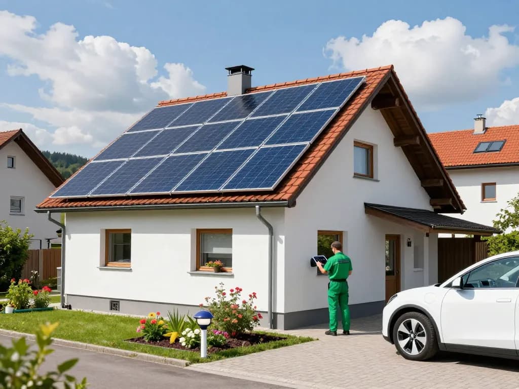 Photovoltaik Bayern - Techniker inspiziert Solarpanels auf modernem bayerischen Zuhause unter klarem blauen Himmel.