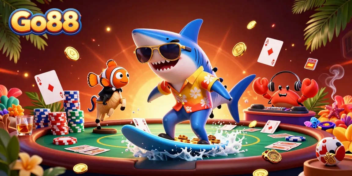 Play exciting games at Go88 with a shark surfing on gold coins, capturing the thrill of online gambling.