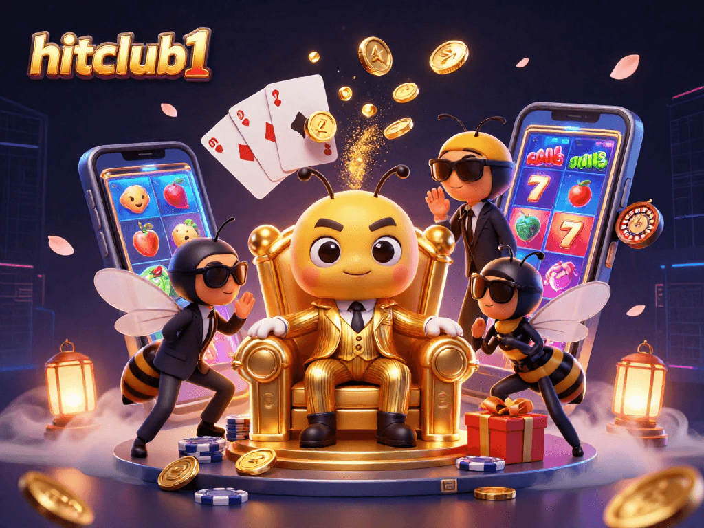 Hitclub1 showcases a vibrant 3D casino scene featuring unique characters and dynamic gaming elements.