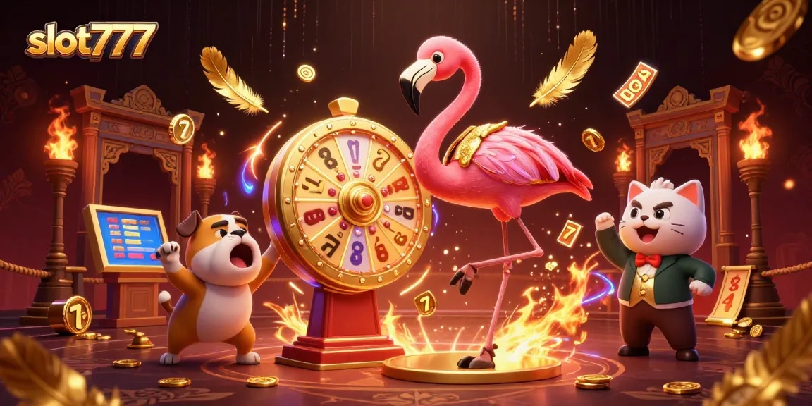 Spin the prize wheel and win big with slot777, featuring vibrant characters and rich casino elements.
