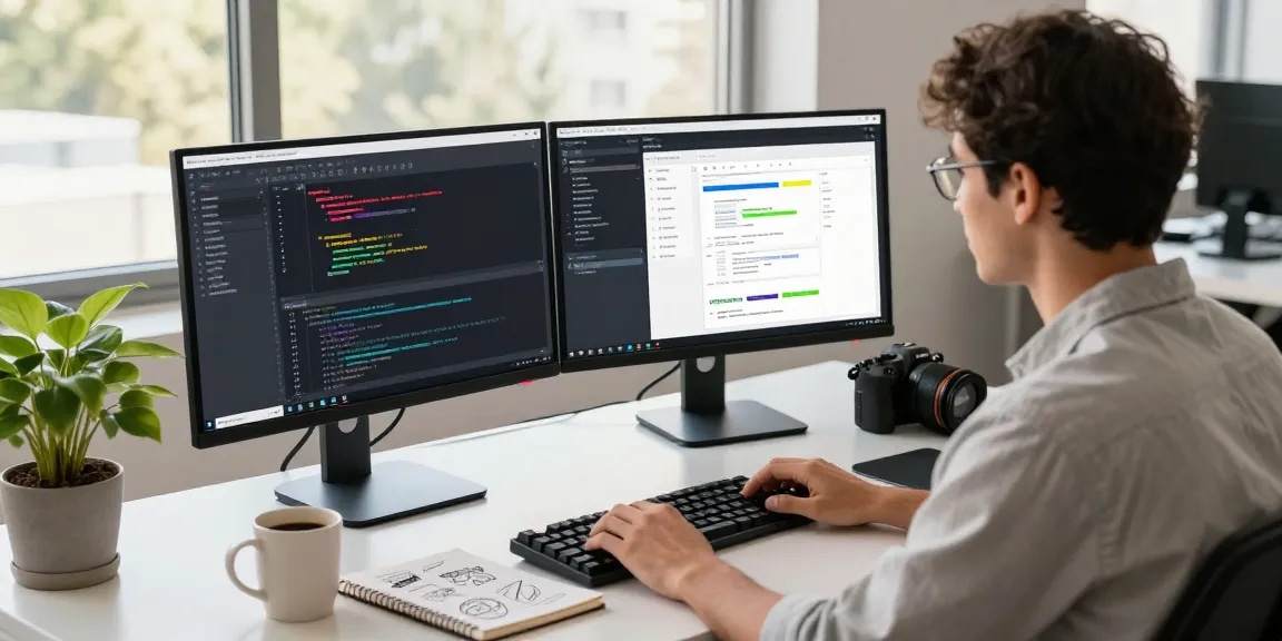 Build internal tools with AI in a modern workspace, showcasing a developer coding internal tool projects.