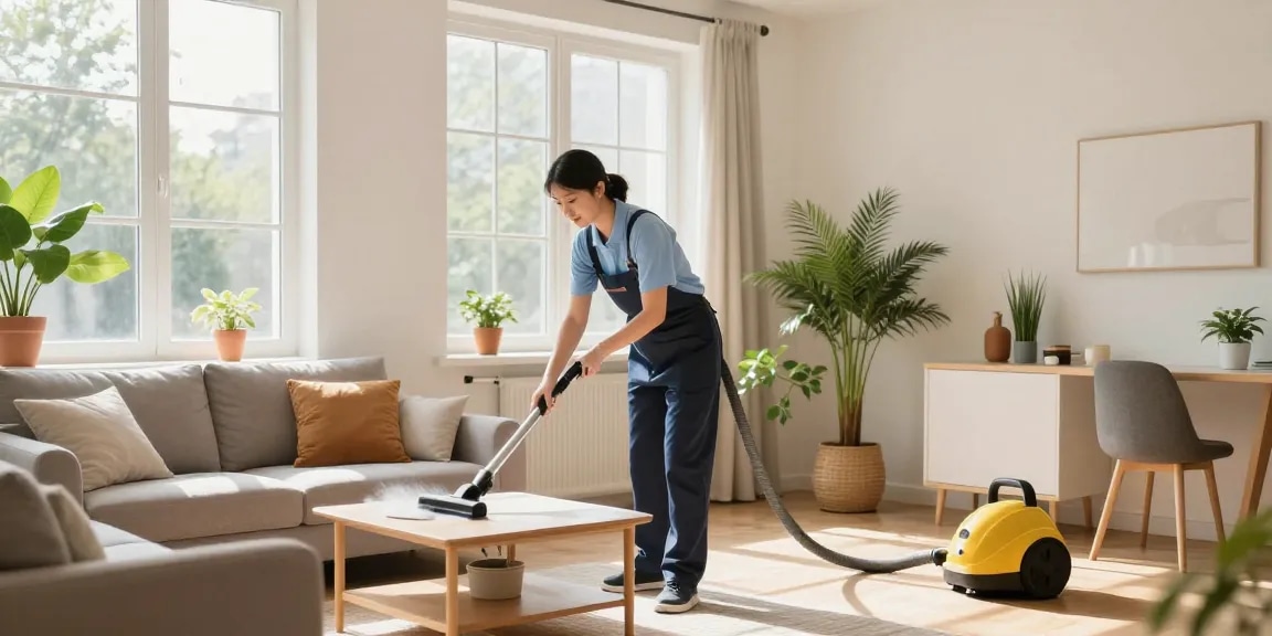 Expert cleaner from a reinigungsfirma bern dusting a sparkling clean home environment.