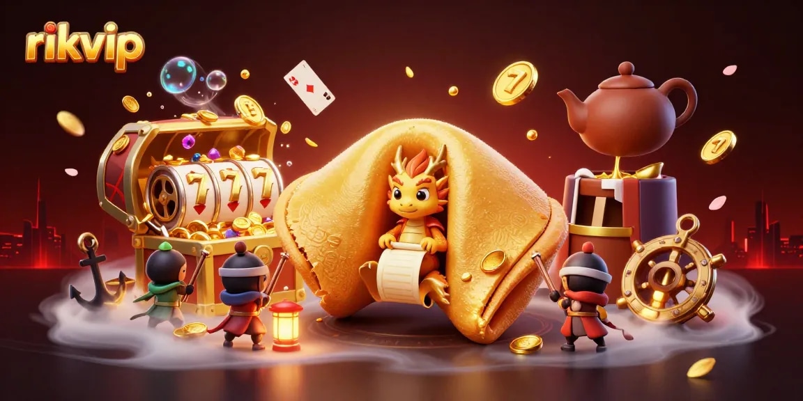 Win exciting rewards with rikvip in this vibrant 3D casino illustration showcasing playful game elements.