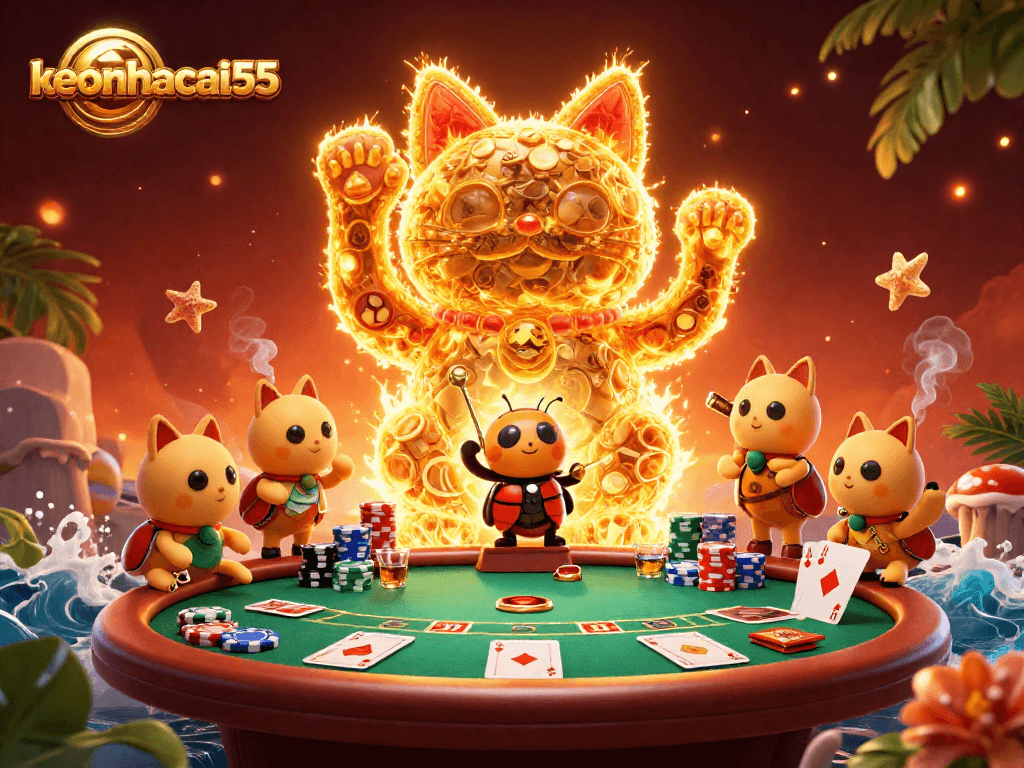 Engage with keonhacai55's vibrant casino scene featuring a lucky cat and stunning poker elements.