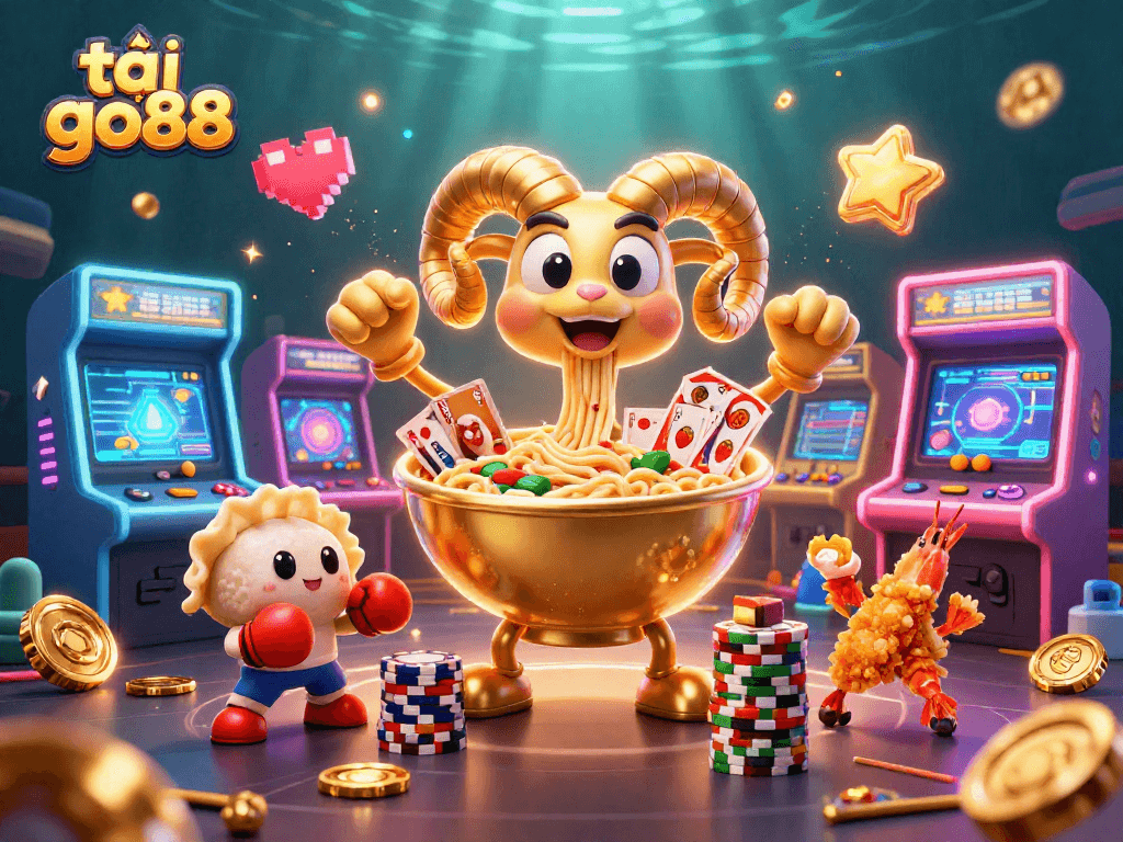 Engage with tải go88 featuring a dynamic 3D illustration of a golden ramen bowl and gaming elements