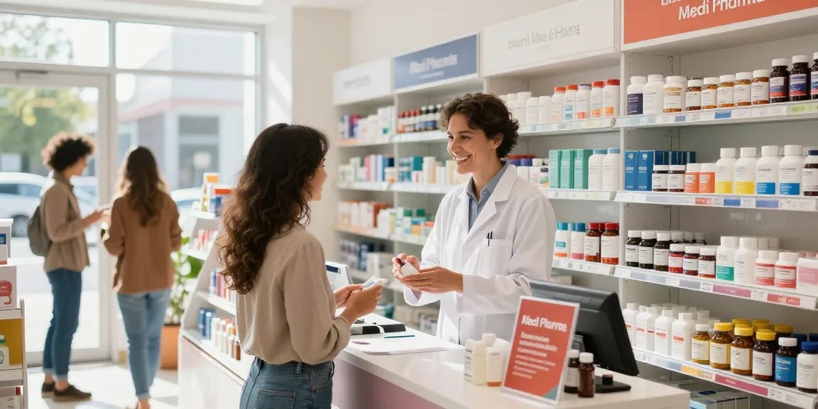 Engagierter Kundenservice im Medi Pharma Shop, der Gesundheitsprodukte und Steroide präsentiert.