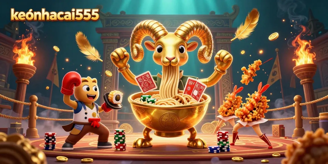 Experience the exciting world of keonhacai555, where a golden ramen bowl triumphs in a dynamic casino arena.