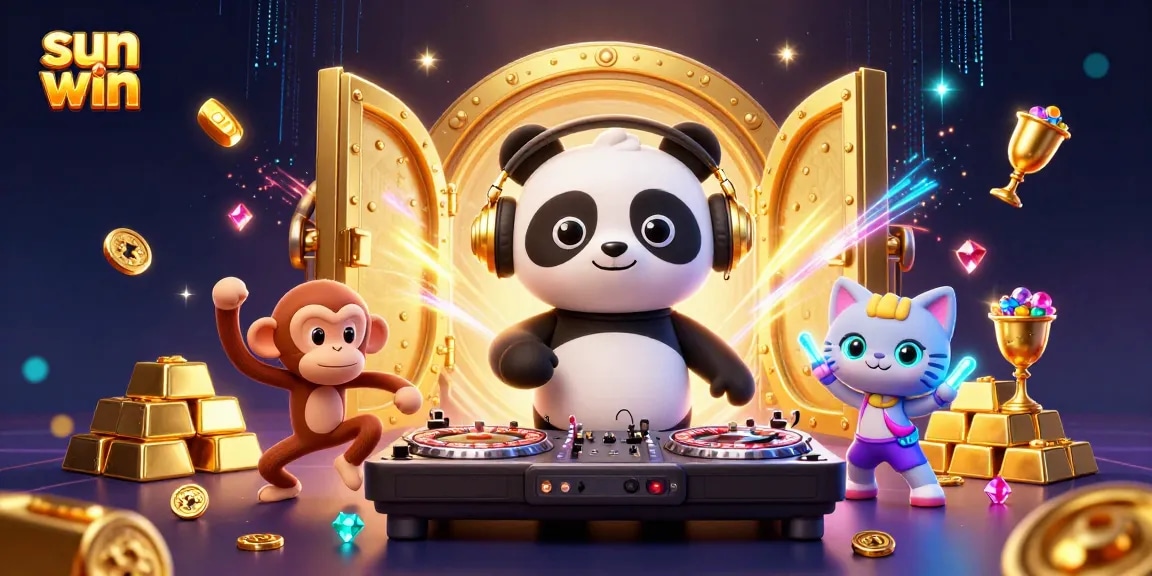 Interact with the thrilling sun win scene featuring a DJ panda and breakdancing monkey amidst dazzling casino elements.