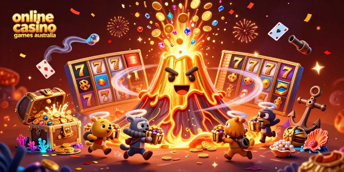 Experience excitement in online casino games Australia with treasures erupting from a golden volcano.