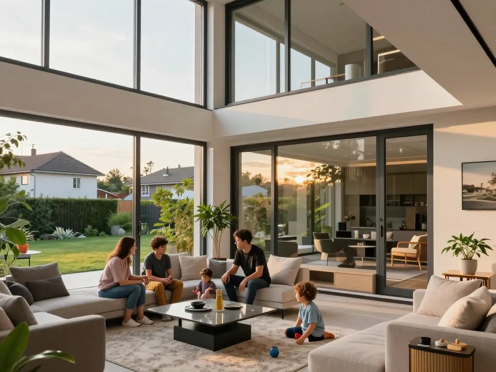 Familie, die natürliches Licht durch Schüco-Fenster in einem modernen Wohnzimmer genießt.
