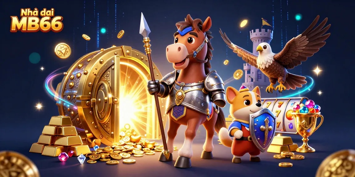 Engage with Nhà cái MB66 as medieval knight and squire, surrounded by dynamic casino elements.