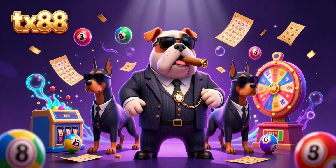 Engage with tx88’s vibrant lottery scene featuring a mafia bulldog and dynamic game elements.