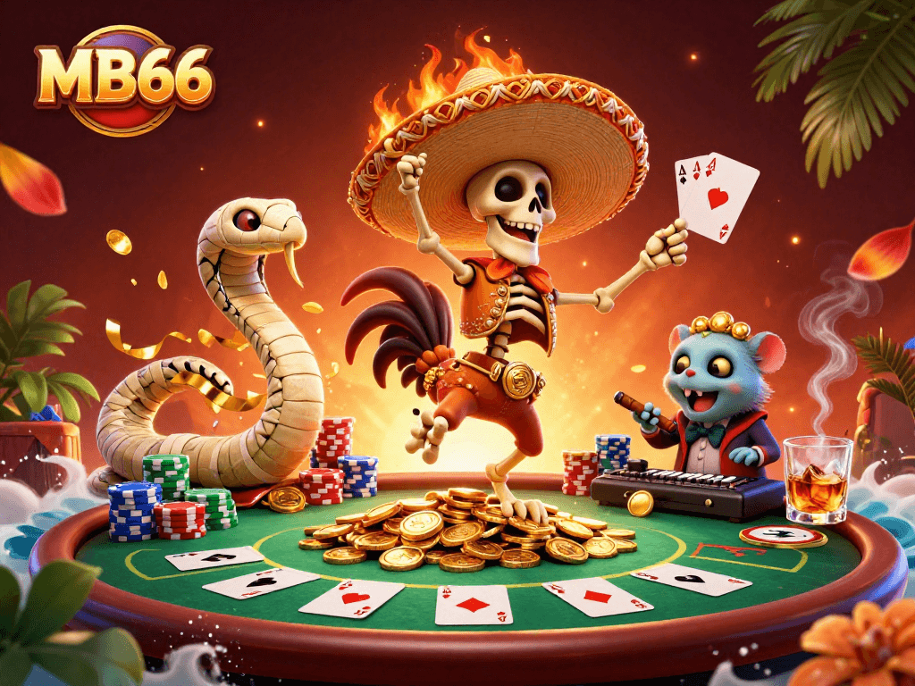 Experience thrilling poker action with MB66's vibrant casino illustration featuring engaging characters.