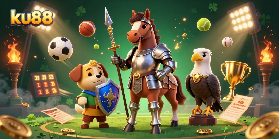 ku88 bet analysis featuring a knight, a puppy, and a falcon amidst dynamic sports elements