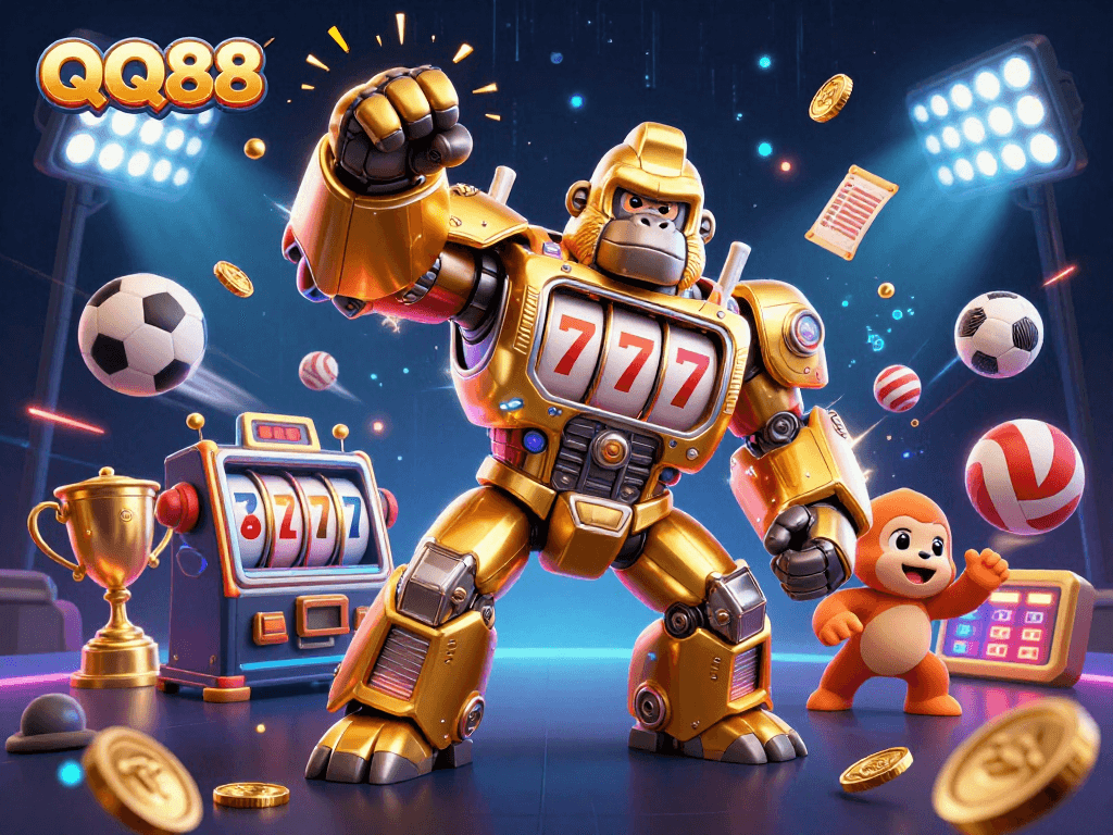 QQ88 showcases an exciting 3D scene with a golden gorilla mech and animated sports elements.