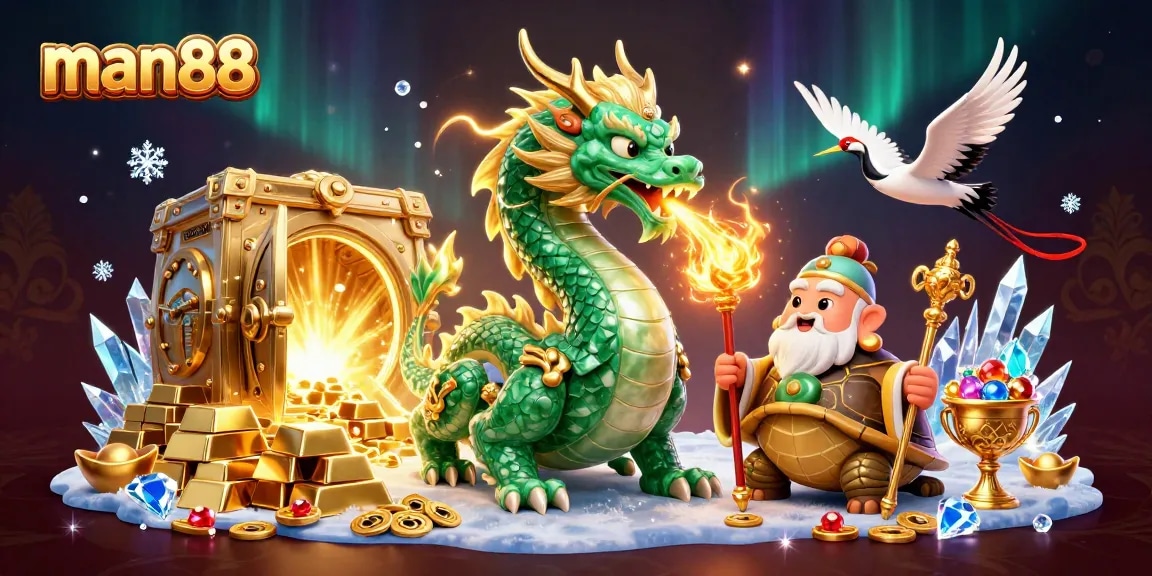 Experience wins with man88, visualizing a vibrant dragon and treasures in a glamorous casino setting.