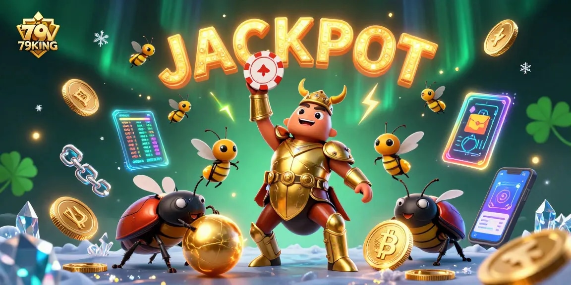 79KING showcases a victorious beetle lifting a poker chip amid vibrant casino elements.