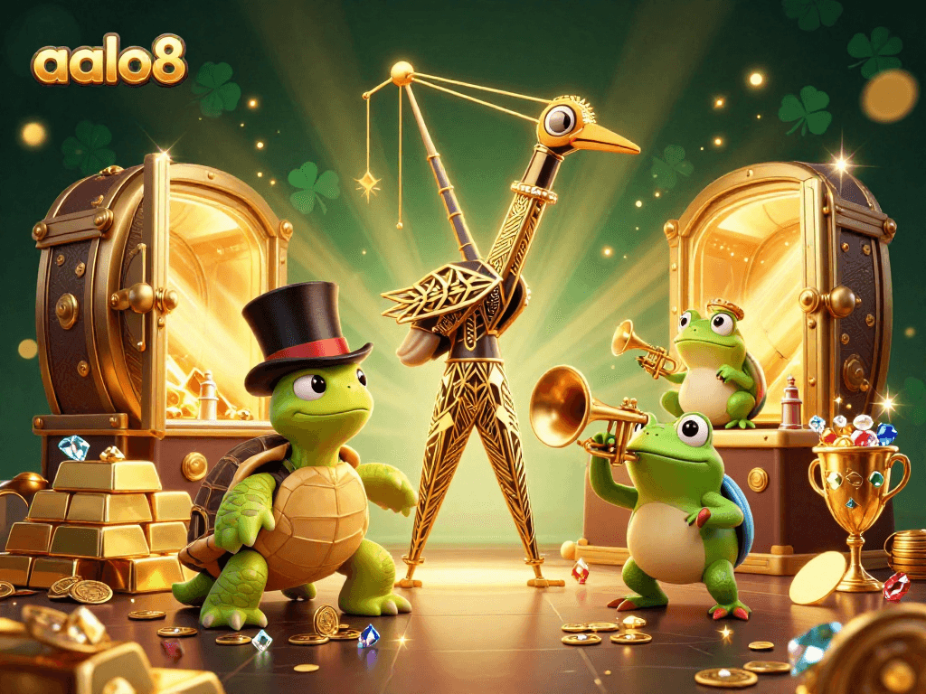 Experience the thrill of aalo8 with vibrant casino characters amidst sparkling treasures and exciting game elements.