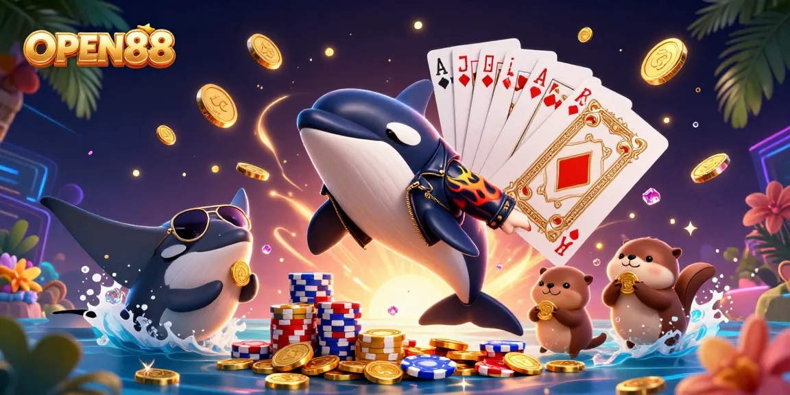 Experience the thrill of OPEN88 with an action-packed 3D casino scene featuring vibrant characters and game elements.