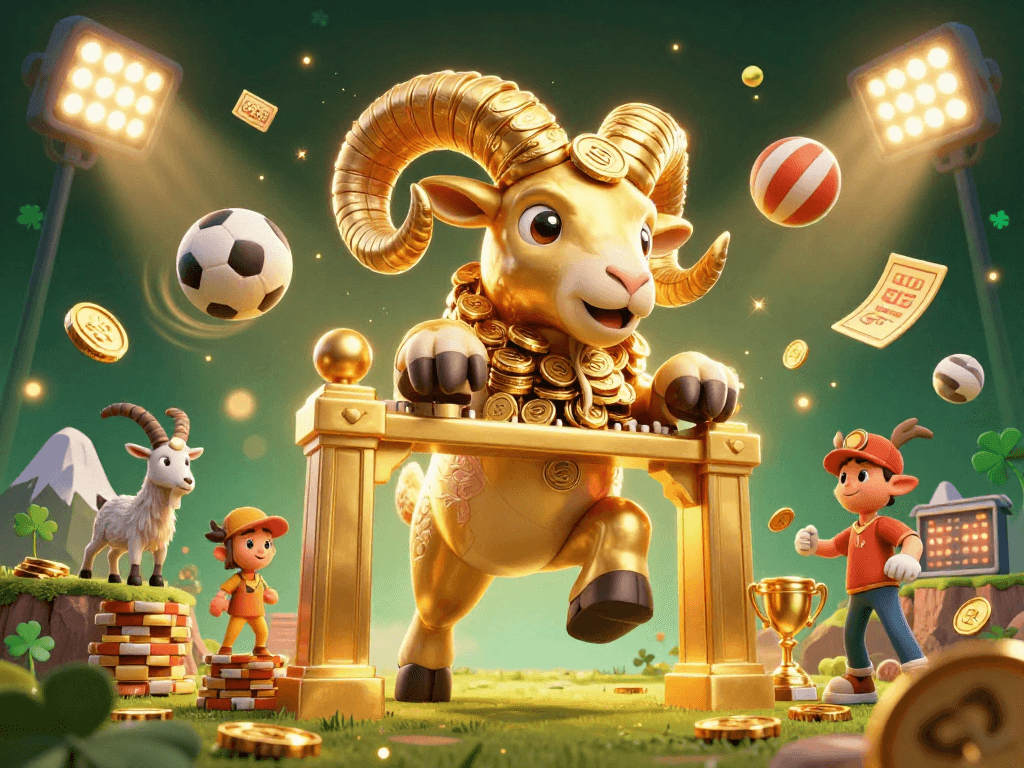 U888 showcases a golden ram charging through a sports-themed casino scene, filled with action.