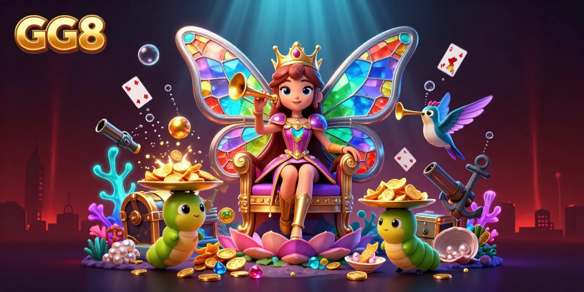 Win big with GG8 at the online casino, featuring a vibrant butterfly queen and golden chips.