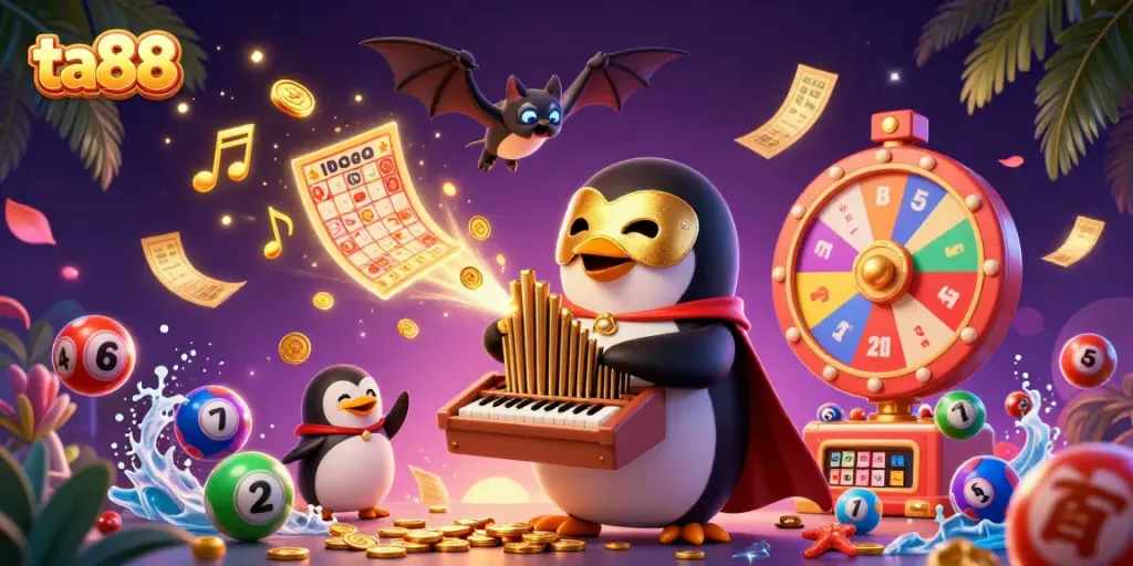 Experience the thrill of ta88 with a whimsical casino scene featuring a penguin and acrobatic elements.
