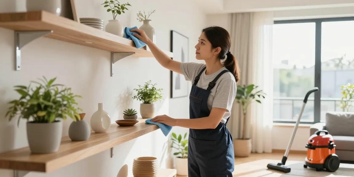 Effektive Wohnungsreinigung Solothurn durch einen professionellen Reiniger in einem hellen Wohnzimmer, das einen sauberen und organisierten Raum zeigt.