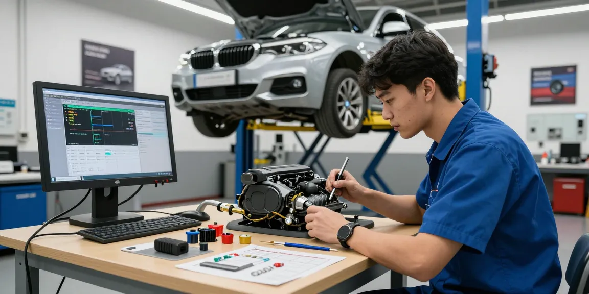 BMW Spezialisten führen Motordiagnosen in einer professionellen Werkstatt durch.