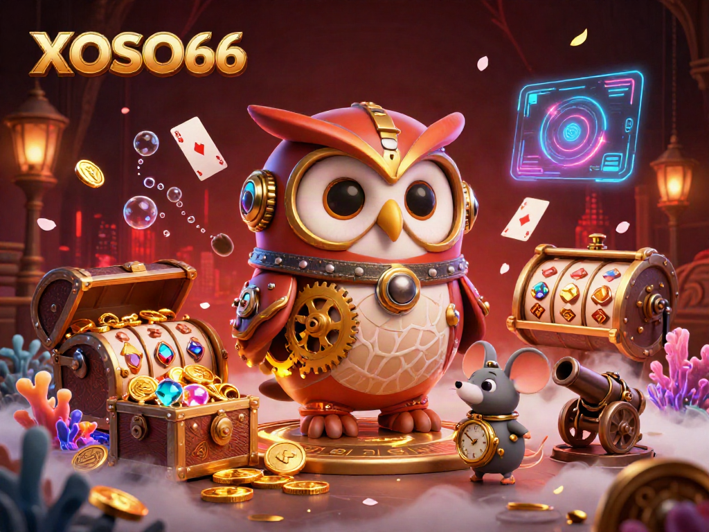 XOSO66 brings excitement with a vibrant casino scene featuring an owl and treasure elements.