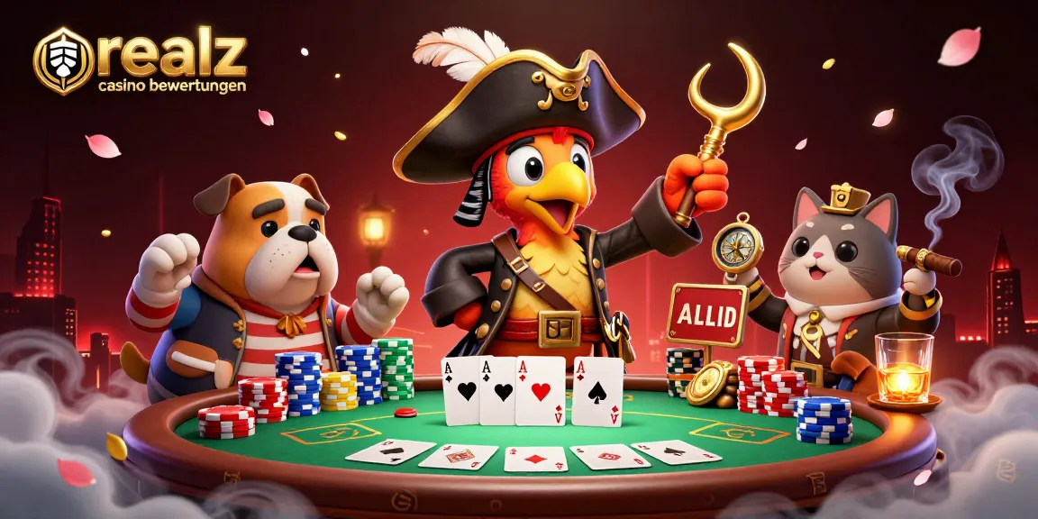 Bewerten Sie Realz Casino mit aufregenden Spielen und Gewinnen in dieser dynamischen Illustration.