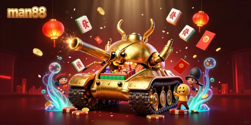 Experience the excitement at man88 casino with a golden beetle tank showcasing a miniature casino and joyful celebrations.