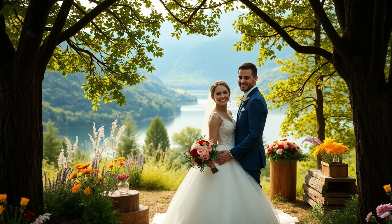 Hochzeitsfotograf Schliersee zeigt das glückliche Brautpaar vor einer malerischen Bergkulisse.