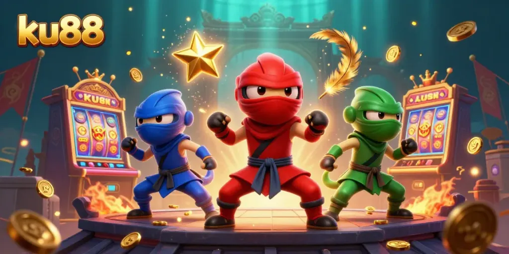 ku88 ninja chameleons showcase dynamic slot interaction atop a mystical rooftop with vibrant casino elements