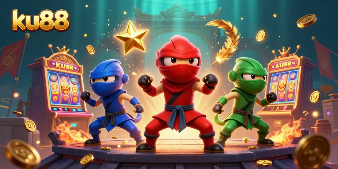 ku88 ninja chameleons showcase dynamic slot interaction atop a mystical rooftop with vibrant casino elements