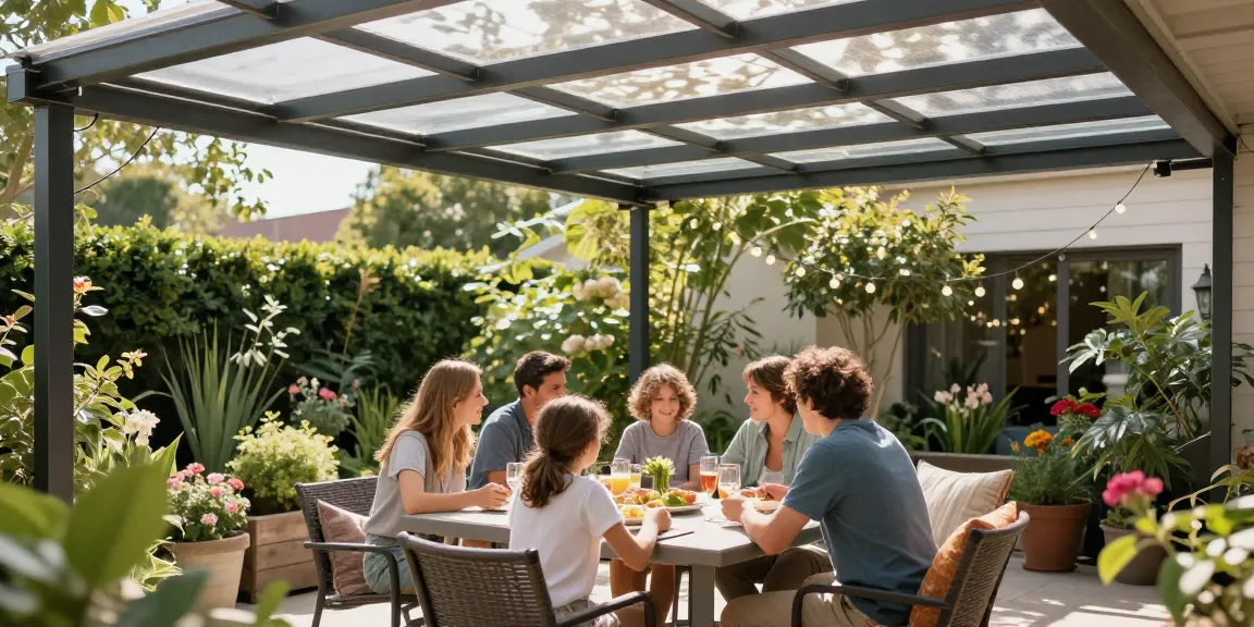Terrassenüberdachung mit gemütlicher Familie im Garten, sonnige Atmosphäre.