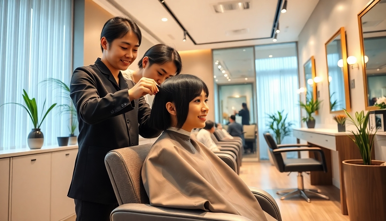 カット 美容室 scene with a hairstylist giving a haircut to a happy client in a modern salon.
