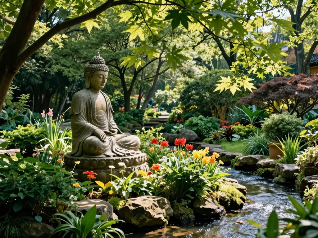 Große Buddha-Figur in einer üppigen Gartenumgebung, umgeben von Blumen und Grün.