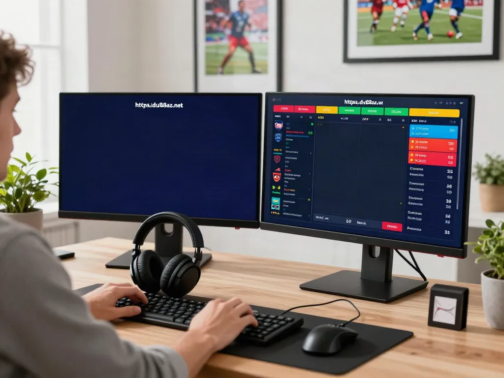 Engaging desktop scene featuring a user on https://du88az.net/ betting on sports with dual monitors and modern gaming setup.