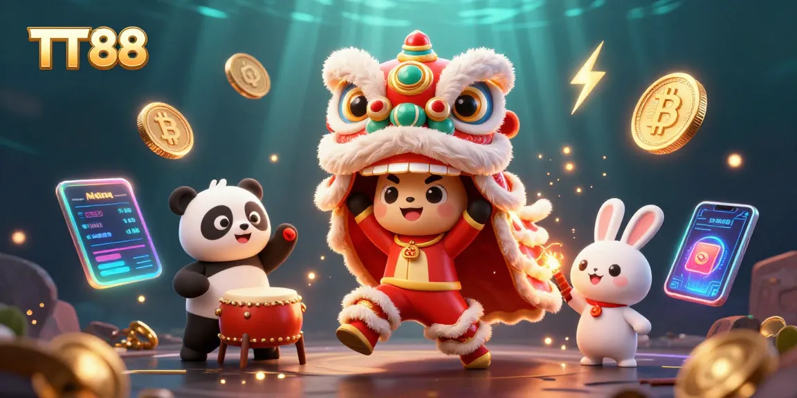 Engage with TT88 in this vibrant 3D casino scene featuring a lion dance and dynamic gambling elements.