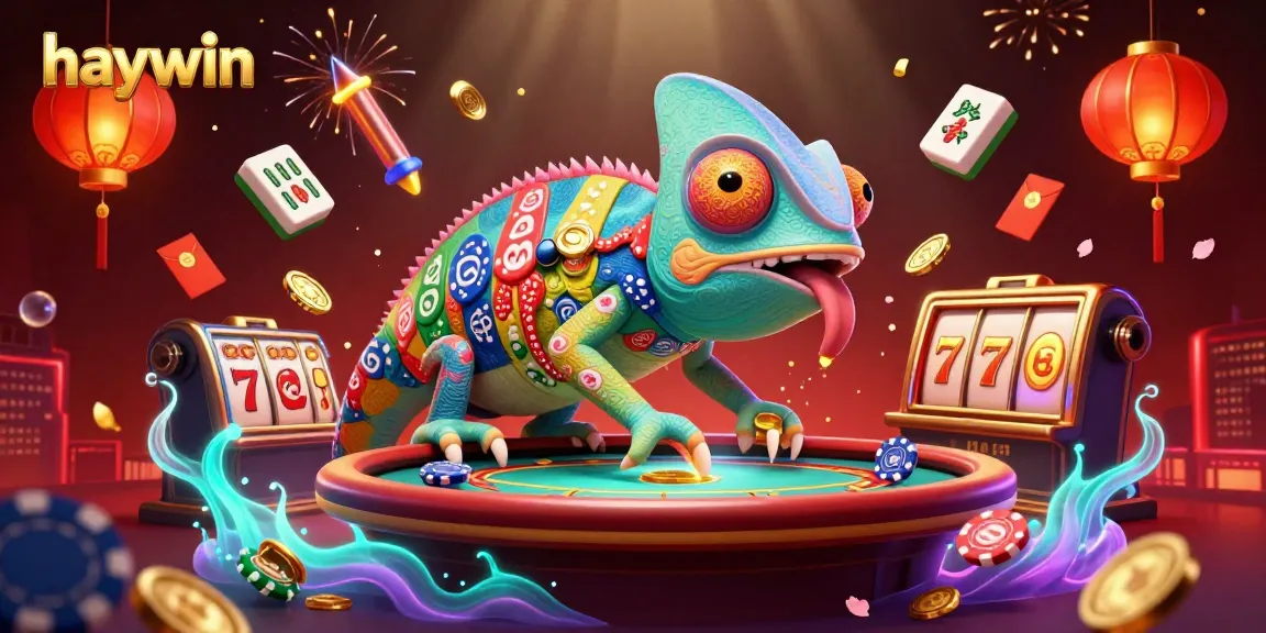 haywin chameleon casino owner surrounded by slot reels and Mahjong tiles, offering winning strategies