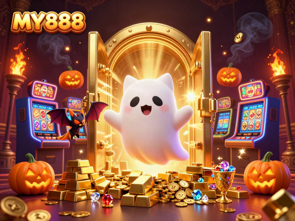 Experience thrilling gaming action at MY888 with a ghost cat and vampire bat in a vibrant casino scene.