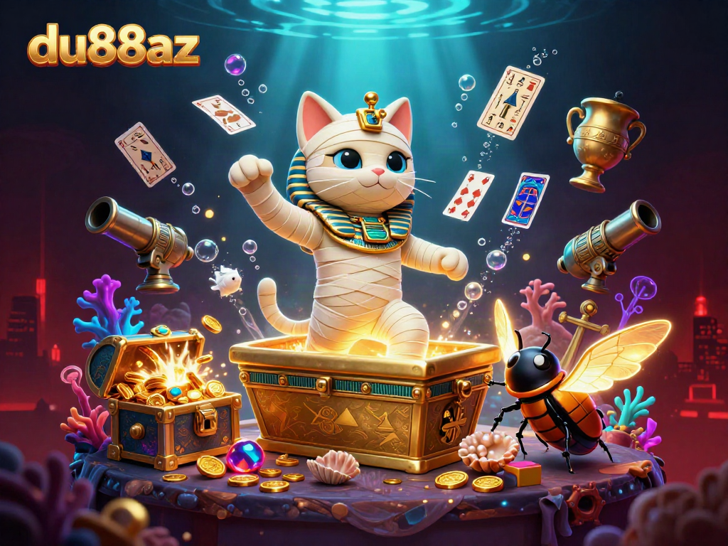 Engage in thrilling gaming action at du88az with vibrant characters bursting from a pyramid casino.